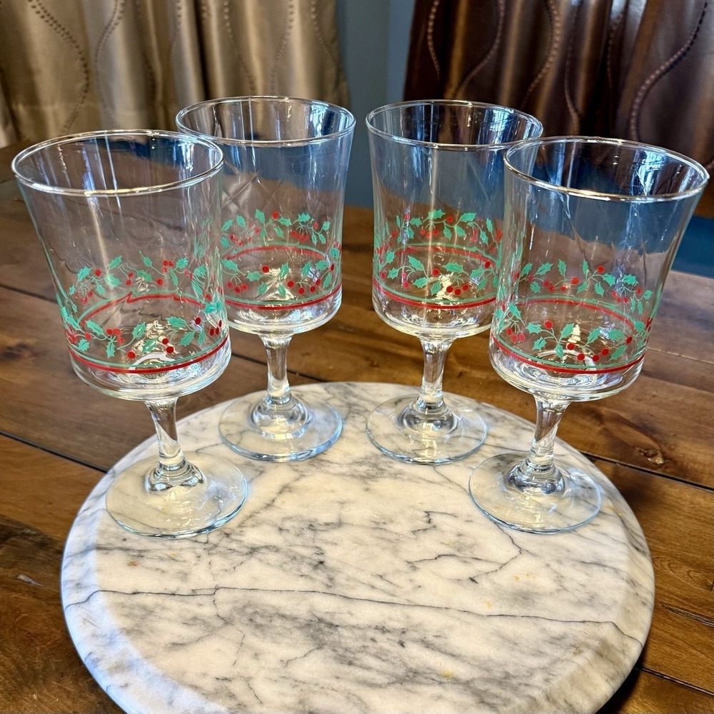 4pc VTG 1986‎ Libbey Arby's Holly Berry Christmas Smooth Stem Goblet Glass 10oz